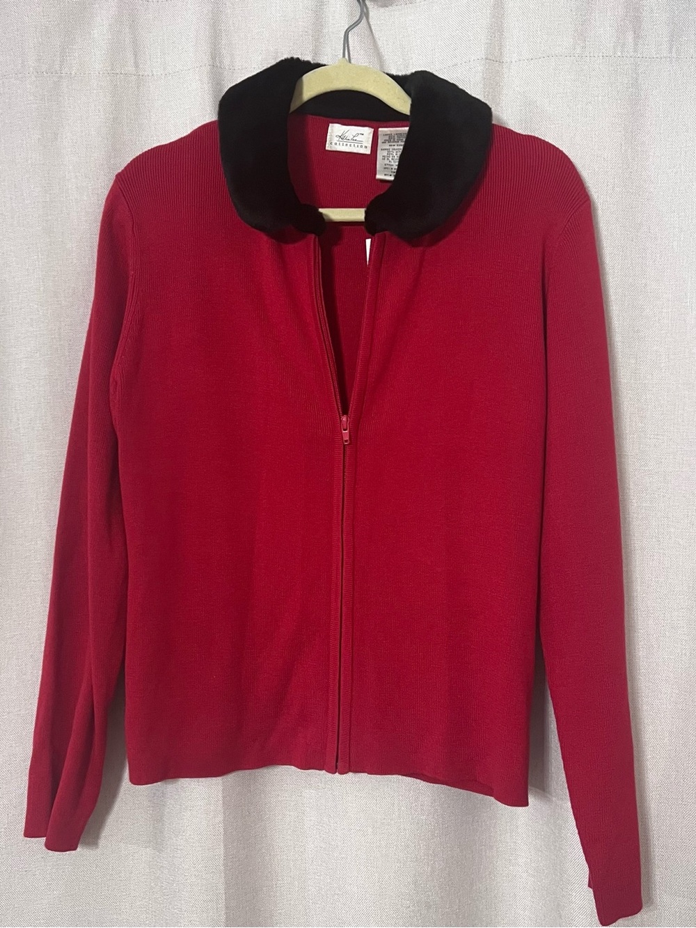 NWT Kathie Lee Vintage 90s Ribbed Zip Up Cardigan Red Faux Fur Collar Large